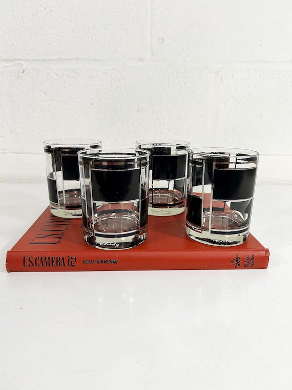 Vintage Georges Briard Bar Glasses   Set of 4 Color Block Squares Double Old fashioned Rocks Glass 1960s Geometric
