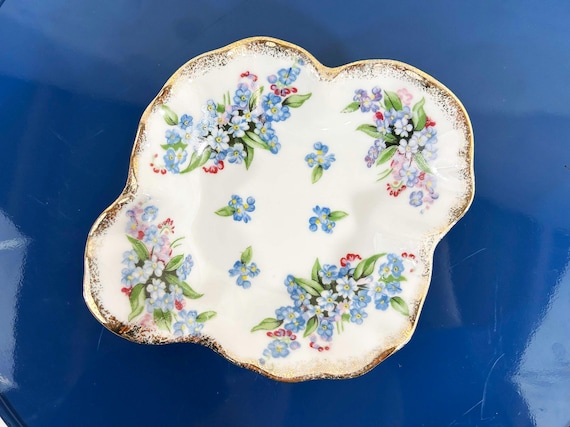 Vintage Royal Crown Floral Small Shallow Dish Bowl White Porcelain Hand Painted Blue & Pink Flowers 1960s
