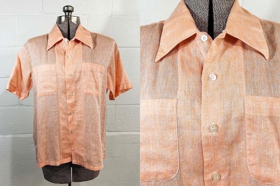 Vintage 1960s Crown Colony Button Up Shirt Short Sleeve Salmon Peach 1970s XL Large