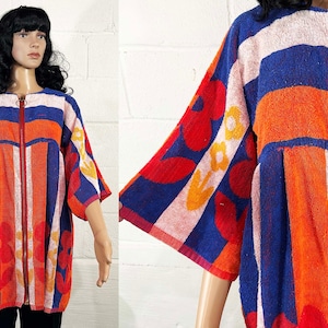 Vintage Plus Size Beach Coverup Terry Cloth Mod Mini Dress Swim O-Ring Zipper 1960s Curvy XL
