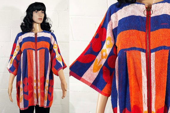 Vintage Terry Cloth Mini Dress Swim Coverup Short Sleeve Mod Floral Shirt O-Ring Zipper Flower Power 60s 1970s Colorful Dopamine Large XL