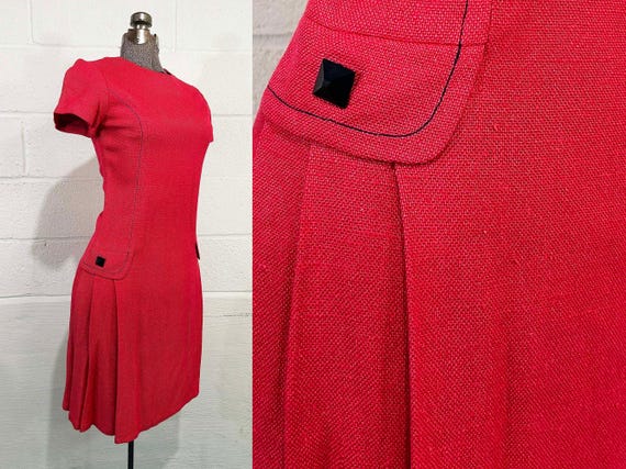 Vintage Fuchsia Linen Dress Drop Waist Short Sleeve Mod Wedding Guest Mini 1960s 60s XS XXS