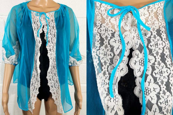 Vintage Bed Jacket Nightgown Sheer Sleepwear Bright Blue Chiffon Lace Trim Rolled Nylon Bow Babydoll Peignoir 1950s 1960s Fits Many S/M/L/XL