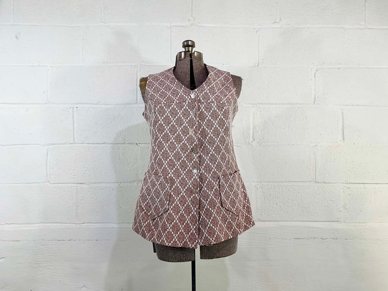 Vintage Vest Brown Button Up Tunic Length Sleeveless Ikat Design Shirt Minx TV Movie Costume 1970s Aesthetic Large Medium zdjęcie 4