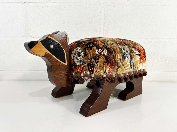 Vintage Raccoon Footstool: 1970s Floral Velvet Ottoman, Boho Folk Art Accent