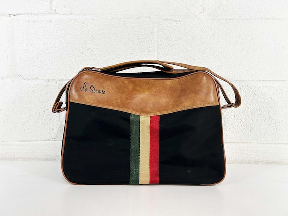 Vintage La Strada Carry-on Travel Shoulder Bag Overnight Carry On Train Case Canvas Luggage Travel 1970s Vacation Italian Flag 1980s