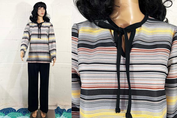 Vintage Mod Pantsuit Shirt Tunic Long Sleeve Pants Separates Black White Stripe Striped TV Movie Costume Hippie Boho 70s 1970s Large Medium