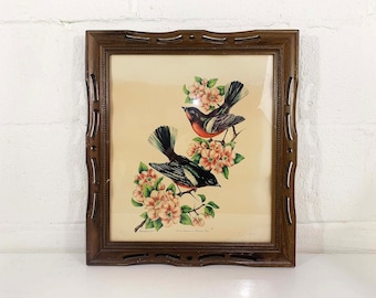 Vintage Birds Lithograph Framed Wood Frame Litho Print Bird Bohemian 1940s 40s Vincent Redstart Flowering Plum Antique Boho USA NYC