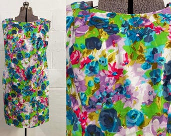 Vintage Watercolor Floral Dress 1960s Sleeveless Wedding Bridesmaid Shift Pink Green Blue Large