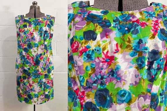 Vintage Watercolor Floral Dress Painted 1960s 60s Sleeveless Wedding Bridesmaid Shift Flowers Pink Green Blue Large