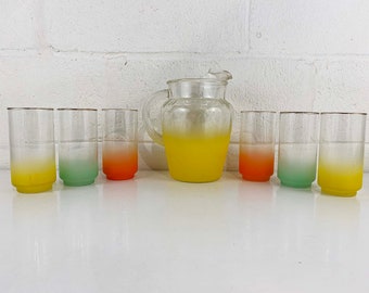 Vintage Blendo Style Orange Yellow Green Glasses Ombre Frosted Mid-Century Barware Glass Drinkware Party Pitcher Set Cocktail 1960s