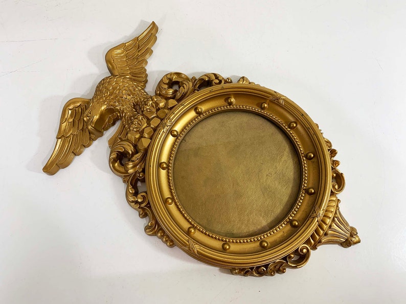 Vintage Syroco Eagle Patrijspoort Frame Glas Man Cave Rustieke Mantique Retro Federal Americana Gold jaren 1970 70 afbeelding 4