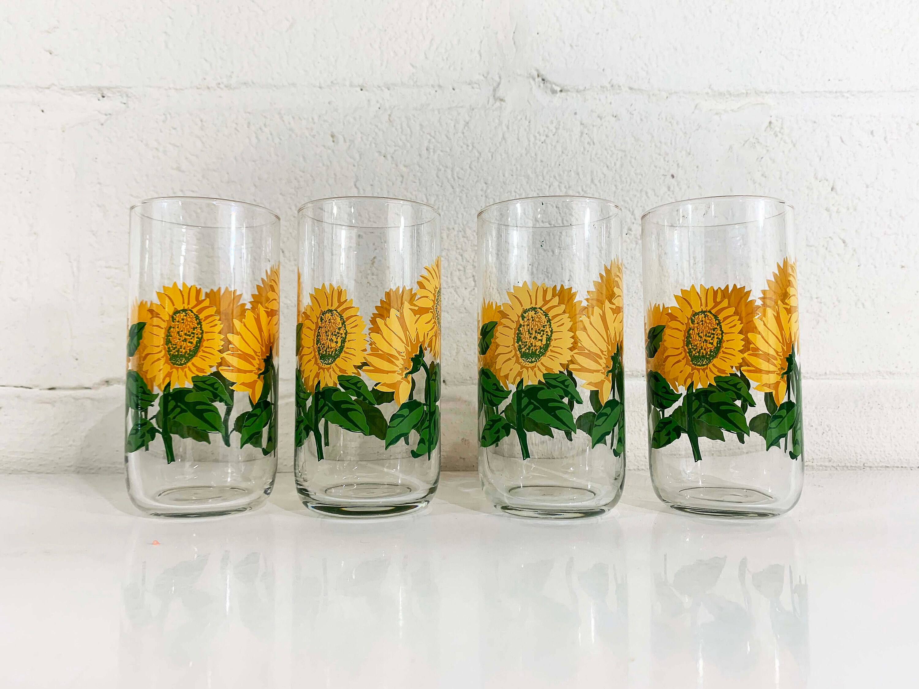 Vintage Libbey Glasses Set of 4 Sunflowers Sunflower Flowers Retro