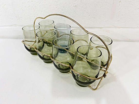 Vintage Olive Tempo Drinking Glasses Fold-Away Caddy Libbey Glass Company 1960s