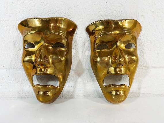 Vintage Tragedy Brass Mask Theater Faces Masks Cry Later Wall Plaque Sculpture MCM Decor Mid-Century Sad 1970s