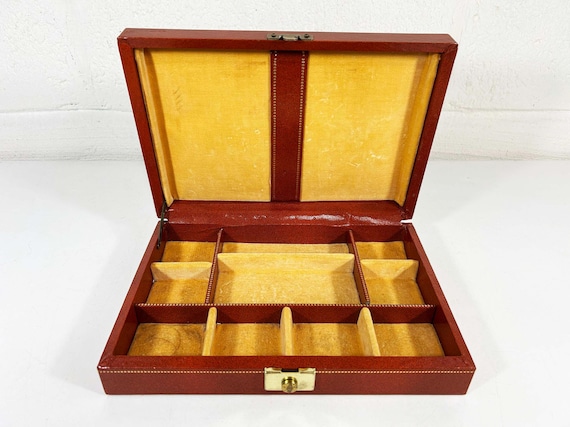 Vintage Men's Jewelry Box Cuff Links Ring Case Brown Gold Travel Hard Clamshell Tie Clip Storage 1960s