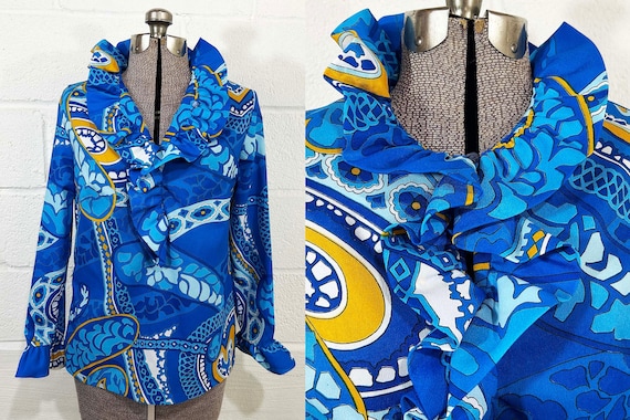 Vintage Blue Paisley Top Long Sleeve Ruffle Collar Button Front Blouse Shirt 1970s Medium Large