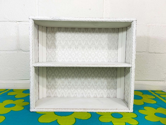 Vintage White Small Shelf Retro  1970s Open Cane Woven Wooden Kid's Room Nursery
