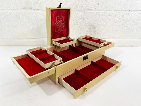 Vintage Large White Jewelry Box Red Velvet Lining Dresser Vanity Storage 1960s