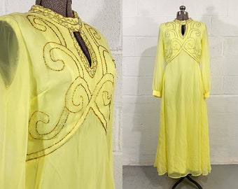 Vintage Yellow Maxi Dress Beaded Bodice A-Line Sheer Long Sleeves 1960s Mod Lane Bryant Formal Prom Hostess Gown Large XL
