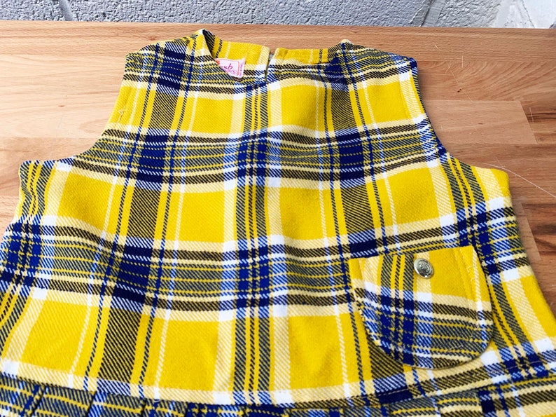 Vintage Children's Yellow Dress Plaid Pleated Skirt Kid's Sleeveless Girl's Dress Children Blue Navy 1960s 60s image 5