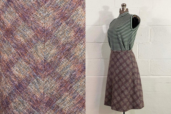 Vintage Autumn Plaid Skirt A-Line Burgundy Brown Tan Boho School Girl 1970s 70s Small
