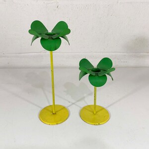 Vintage Metal Candle Holders Pair Green Yellow Candlesticks Decor Candleholder Wedding Candlestick Candleholders Flowers Petals 1970s image 3