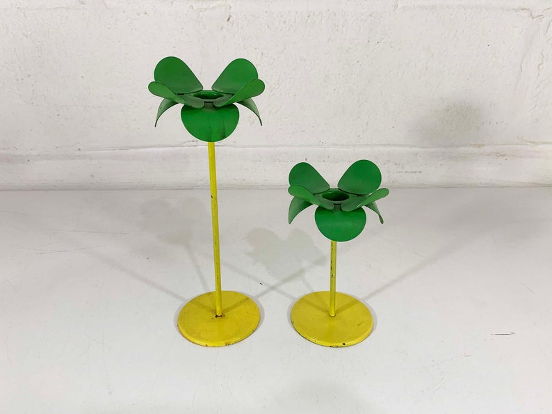 Vintage Metal Candle Holders Pair Green Yellow Candlesticks Decor Candleholder Wedding Candlestick Candleholders Flowers Petals 1970s image 3