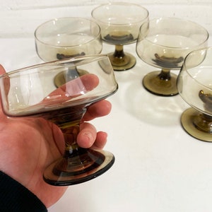 Vintage Smoky Coupe Glasses Goblets Coffee Brown Set of 5 Champagne Sherbert Dessert 1970s 1960s Holiday Party image 4