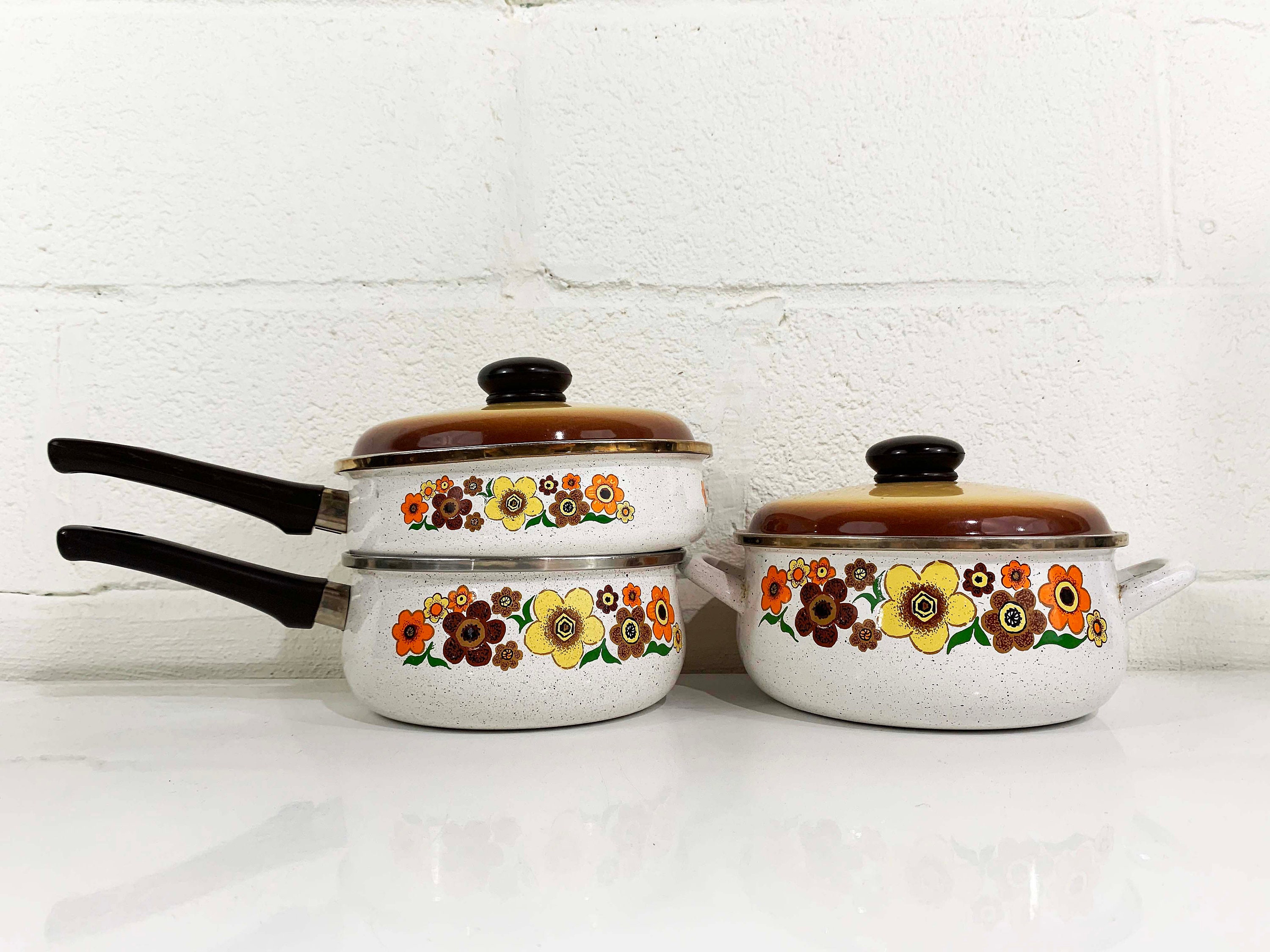 Enamel Cookware Set // Vintage Floral Pots and Pans Kitsch 