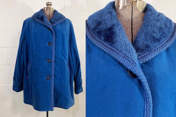 Vintage Faux Suede Winter Coat Quilted Lining Blue Jacket Hipster Faux Fur Collar Cozy 1980s 1970s Peacoat Curvy Volup Large XL Deadstock