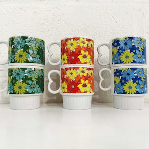 Vintage Flower Power Mugs Pedestal Stacking Mug Floral Orange Yellow Green Blue Mid Century Set of 6 Rainbow Kawaii Dopamine 1960s 60s