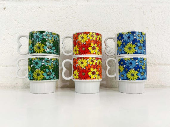 Vintage Flower Power Mugs Pedestal Stacking Mug Floral Orange Yellow Green Blue Mid Century Set of 6 Rainbow Kawaii Dopamine 1960s 60s