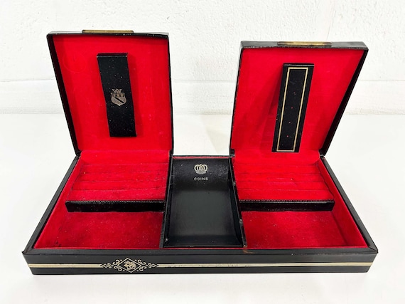 Vintage Shields Men's Jewelry Box Art Deco Velvet Cufflinks Case Black Red Clamshell Tie Clip Storage 1960s Valet Dresser Organizer