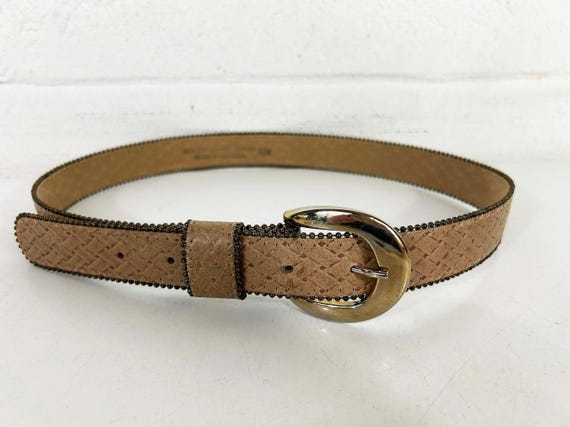 Vintage Tan Belt Leather Gold Metal Buckle USA Made 1990s 90s Medium