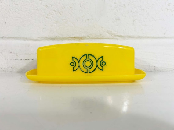 Vintage Yellow Butter Dish Retro Yellow Sunshine Geometric Plastic Tray MCM 1960s 1950s