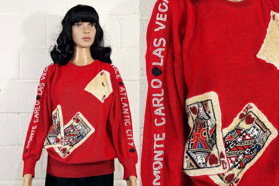 Vintage 1980s Casino Night Sweater Red Sequin Cards Vegas Poker Bonnie Boerer Novelty 80s Long Sleeve Knit Atlantic City Monte Carlo Large
