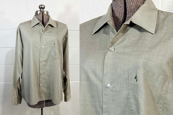 Vintage Silver Sage Green Button Front Long Sleeve Shirt Collared Essley Fleur-de-lis 1950s 1960s XL XXL