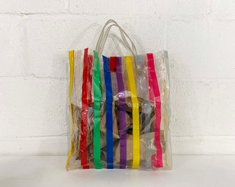 Vintage Rainbow Tote Bag Striped Plastic Boho Shopping Market Beach Purse Colorful Fashion Dopamine Decor 1980s 1970s