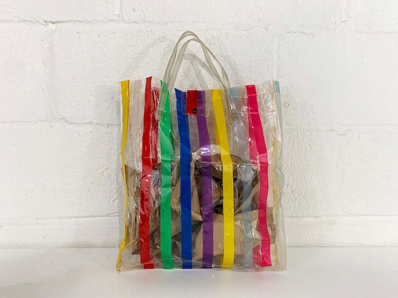 Vintage Rainbow Tote Bag Striped Plastic Boho Shopping Market Beach Purse Colorful Fashion Dopamine Decor 1980s 1970s