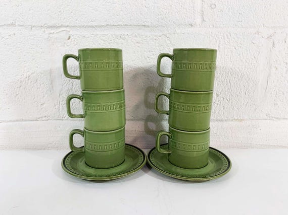 Vintage Green Cup & Saucer Set of 6 Mugs Stonecraft Japan Mid Century 1970s