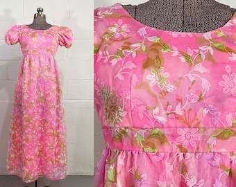 Vintage Pink Floral Dress Empire Waist Maxi Short Puff Sleeve Wedding Bridesmaid Prom 1960s XXS