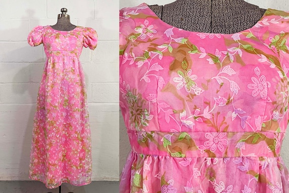 Vintage Pink Floral Dress Empire Waist A-Line Maxi Dress Mod Twiggy Short Puff Sleeve Wedding Bridesmaid Prom 1960s 60s XXS