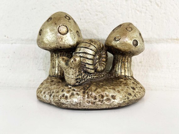 Vintage 1970s Mushroom Figurine Chalkware Mushrooms Snail Ceramic Silver Mid Century Mushie Mushrooms Mid-Century 70s