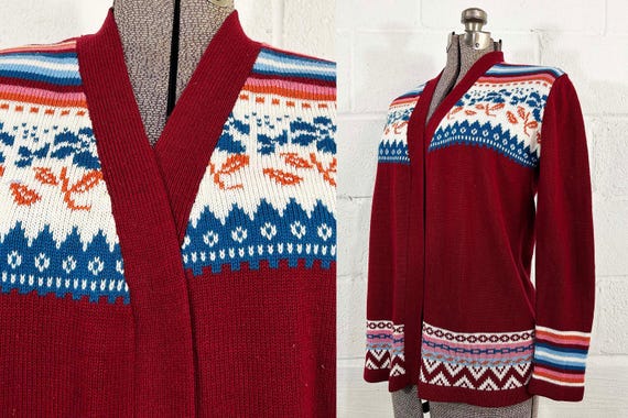 Vintage Fair Isle Cardigan Sweater Long Sleeve Open Front Floral Knit Twin Peaks Red Ikat Boho Mod 1970s 70s Large