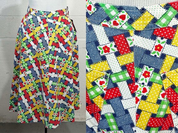 Vintage Patchwork Basketweave Wrap Skirt Point of View Rainbow Colorful Cotton Cottagecore Western Style A Line Midi 1970s Small