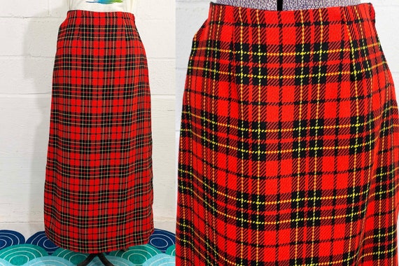 Vintage Red Plaid Maxi Skirt Tartan Shift Queens Way to Fashion Boho Mod 1970s 70s Small 1960s