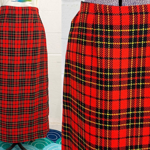 Vintage Red Plaid Maxi Skirt Tartan Shift Queens Way to Fashion Boho Mod 1970s 70s Small 1960s