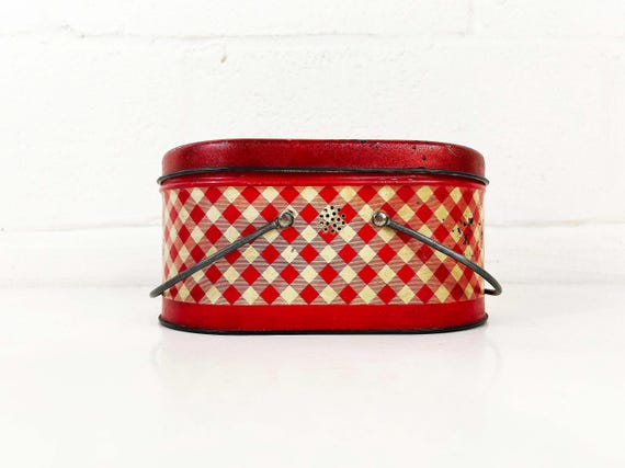 Vintage Red Plaid Lunchbox School Lunch Metal Box Gingham Biscuit Tin Handles 1940s