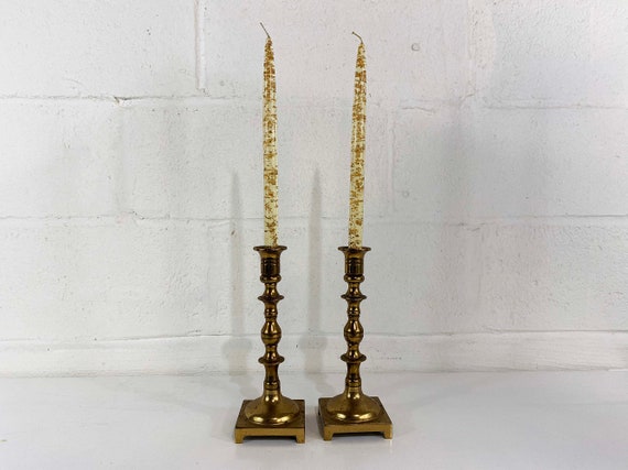 Vintage Brass Candle Holders Pair Candlesticks Retro Decor Mid-Century Hollywood Regency Candleholder Bubble Tall Wedding MCM Mantel 1970s